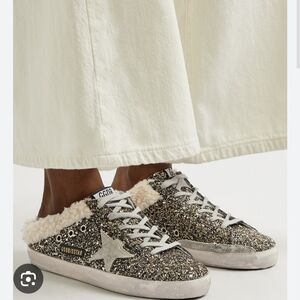 Golden Goose Black and Gold Glitter Sneakers Disstressed with Shearling Size 38